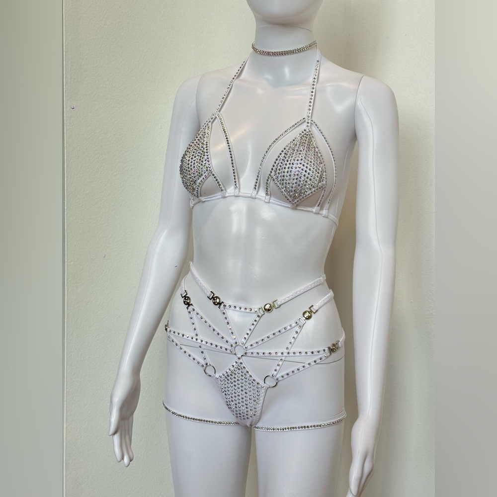 White AB Rhinestone 4 Piece Lingerie Set Bikini XS, D Cup, Festival, Rave, Dance - Picture 11 of 13